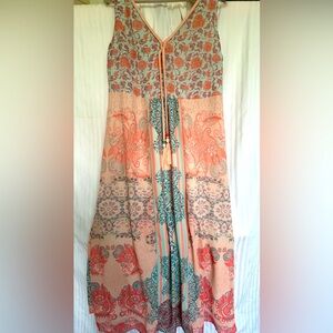 Maxi Soft Surroundings summer dress. Peach, cream, turquoise, coral dress. LP.